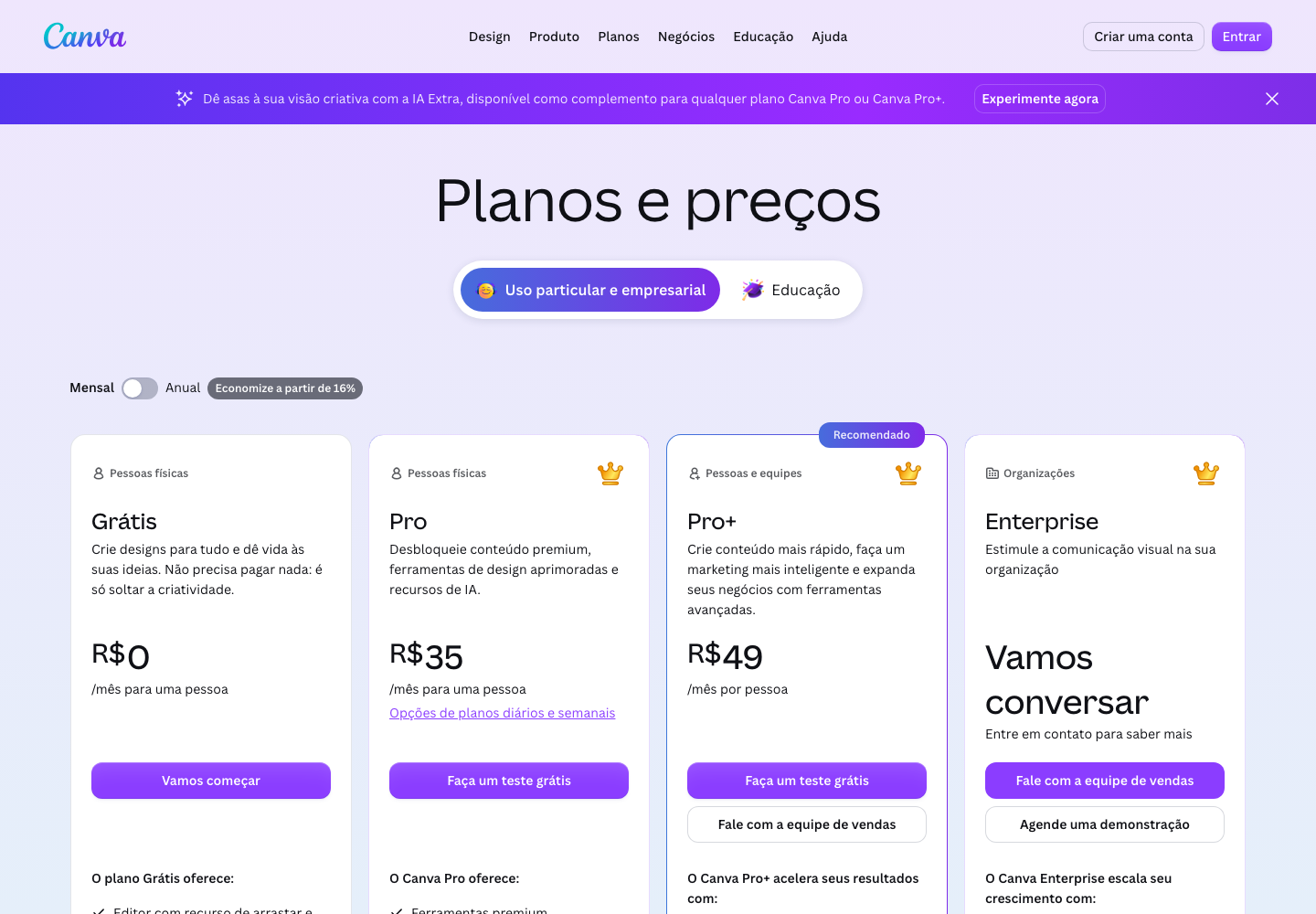 Página de preços do Canva no Brasil, capturada em 17 de julho de 2026